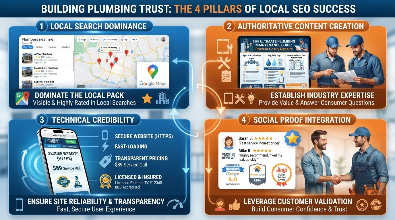 Infographic showing how plumbing business SEO strategies like Google Maps rankings, customer reviews, and expert content build trust with homeowners.