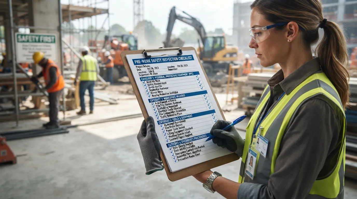 A comprehensive safety checklist displayed on a clipboard, featuring essential preparation steps, protective equipment, and hazard evaluation guidelines before beginning work.