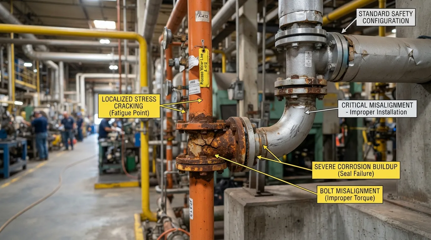 Close-up photo of a damaged industrial safety pipe showing corrosion and an improper installation joint, highlighting common maintenance mistakes.