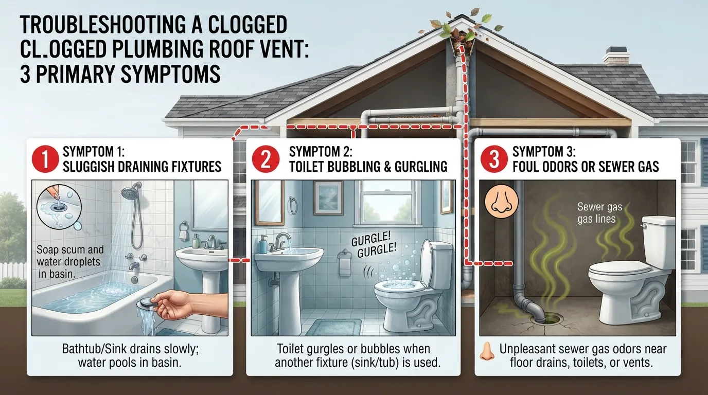 Diagram showing common signs of a blocked plumbing vent, including slow-draining sinks, gurgling toilets, and sewer gas odors in a home.