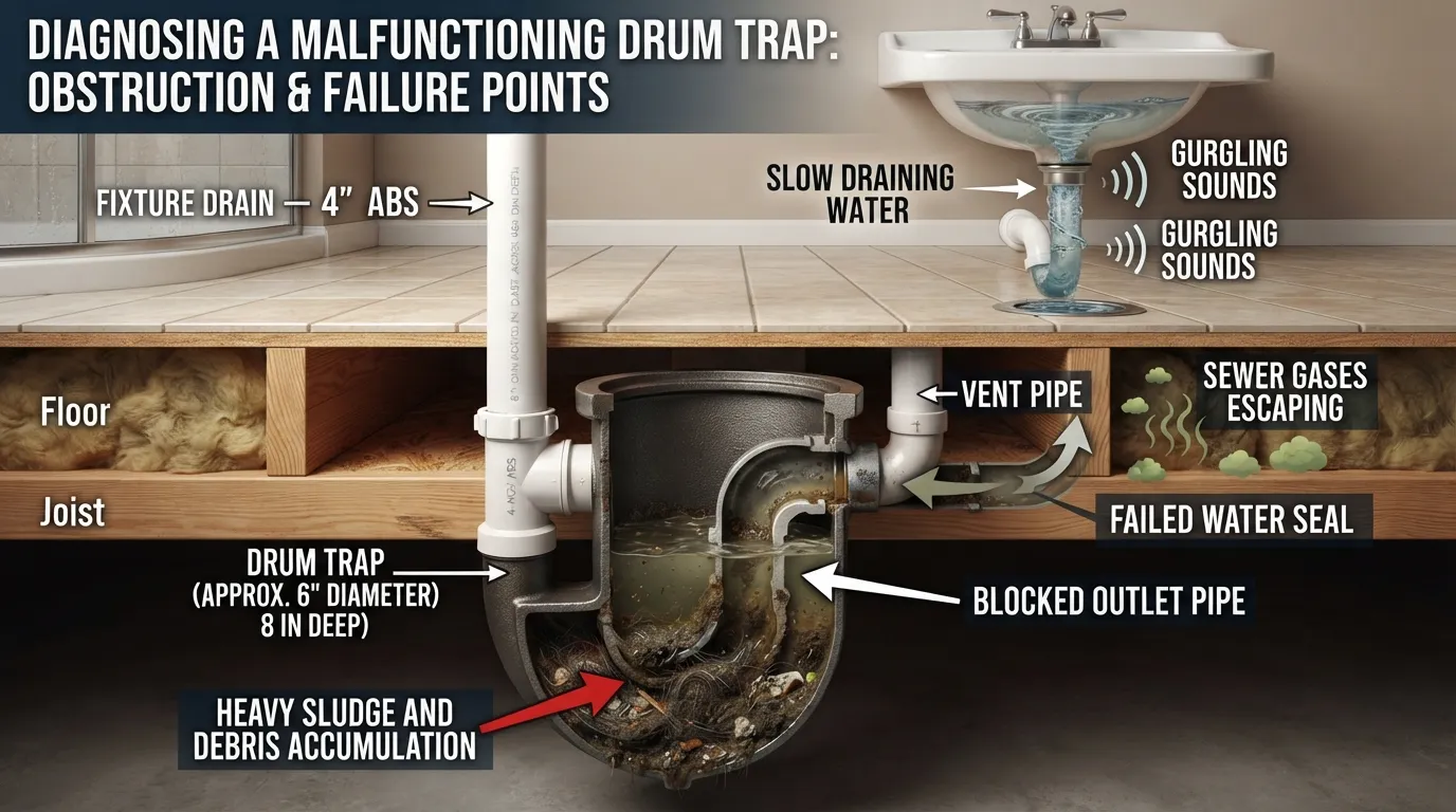 Cross-section diagram illustrating a plumbing drum trap showing signs of clogs, debris buildup, and water backup issues beneath a floor.