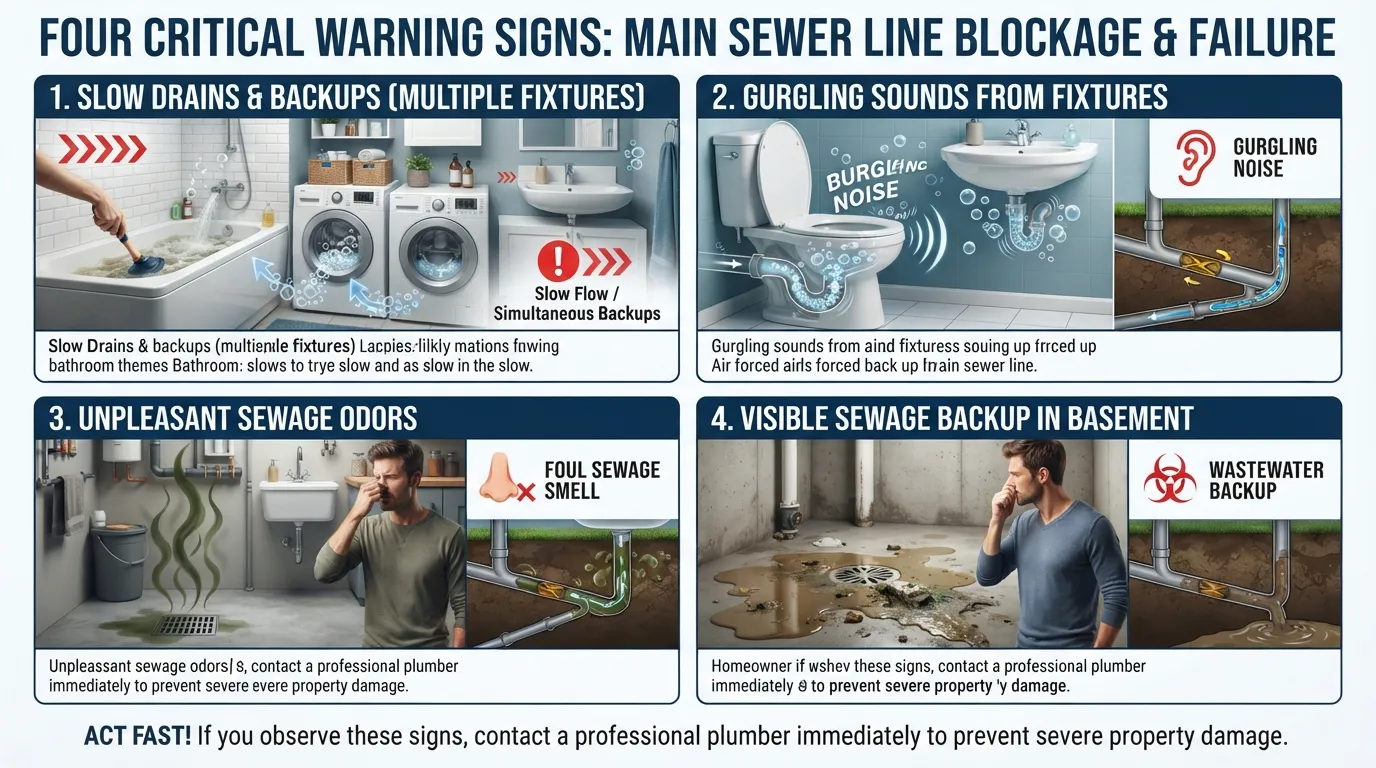 Infographic illustrating common signs of a main sewer line blockage, including multiple slow drains, gurgling toilets, and sewage backups.