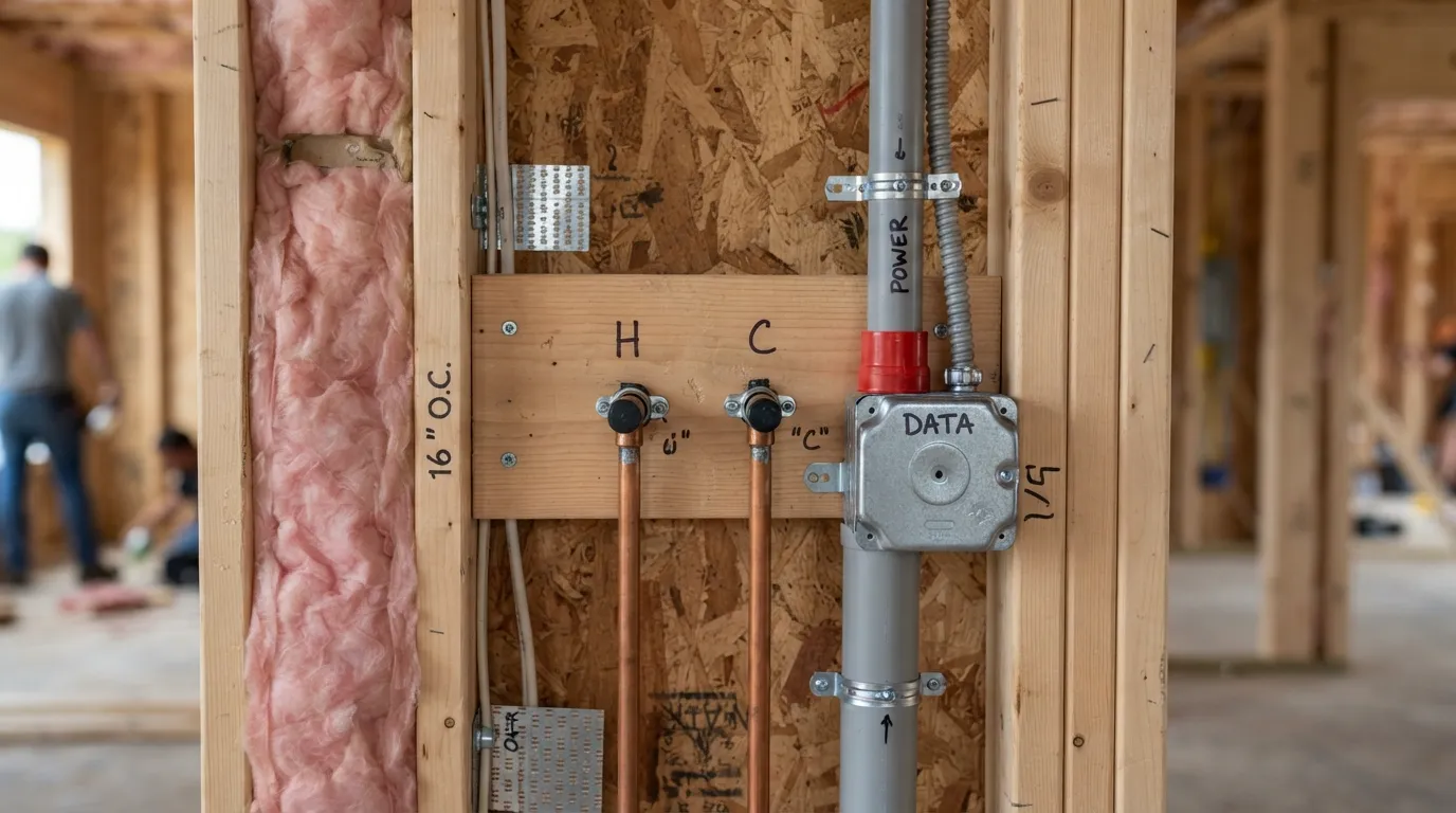 Diagram showing stub-out pipes and electrical conduits installed in a wall during a construction project.