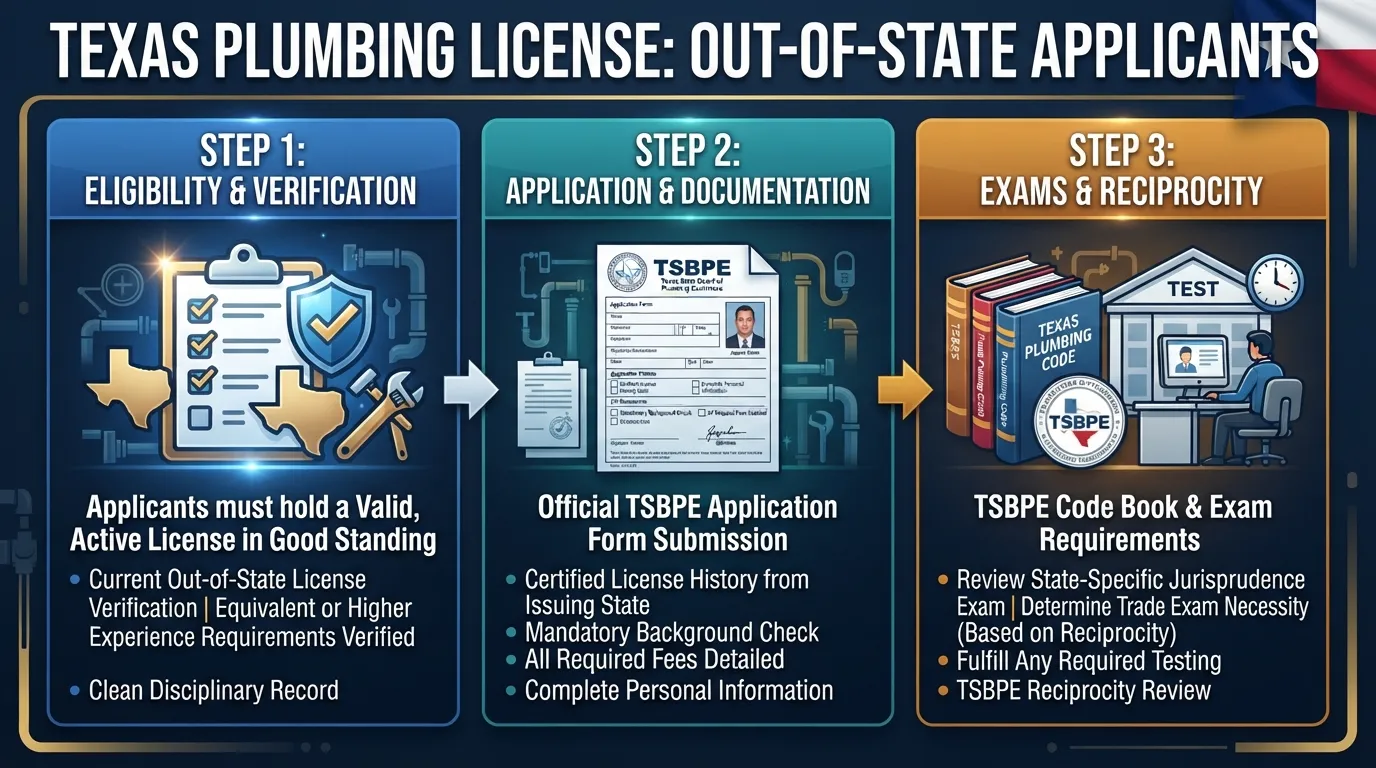 A professional plumber reviewing Texas state licensing documents alongside a Texas State Board of Plumbing Examiners seal and out-of-state license comparison chart.