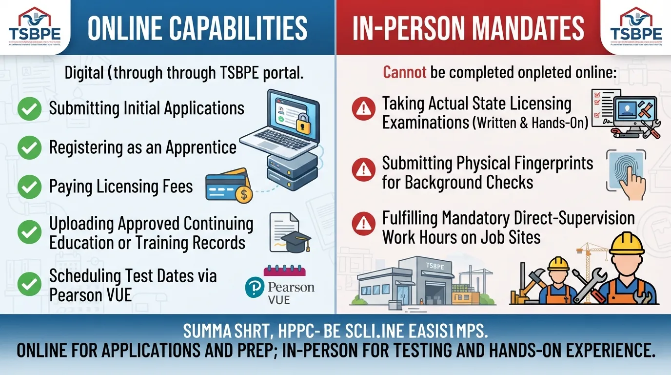 Infographic outlining Texas plumbing license requirements, showing that initial applications and online course submissions go through the TSBPE portal, while exams require in-person testing.