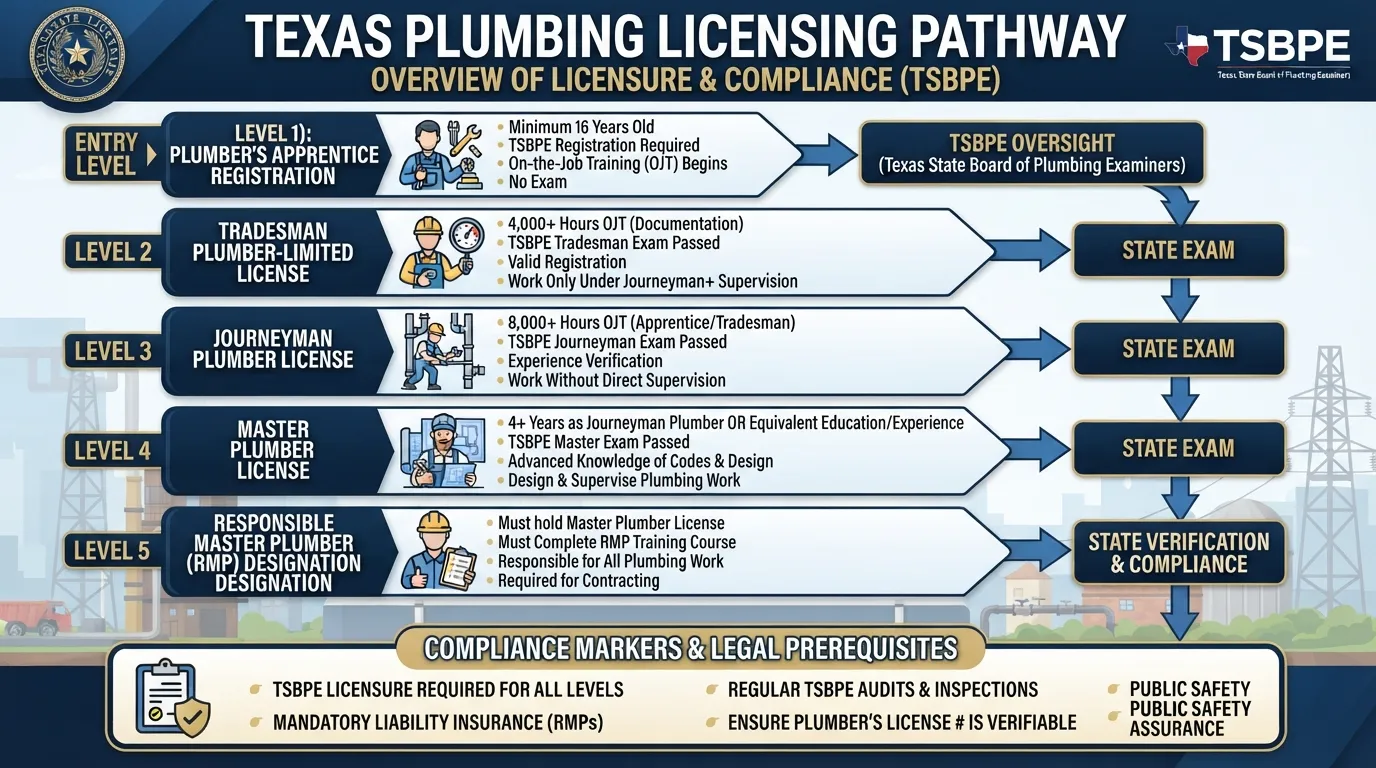 Infographic detailing Texas plumbing license requirements, showing the path from plumber apprentice and tradesman to journeyman and master plumber regulated by the TSBPE.