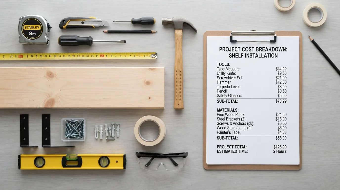Flat-lay photograph showing essential tools, raw building materials, and a price estimate notepad arranged on a workbench for a home improvement project.