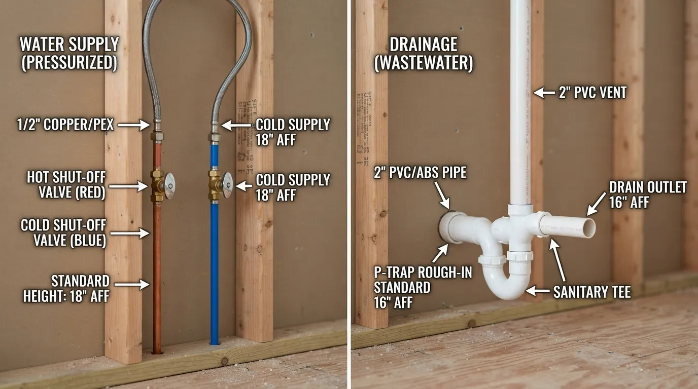 A side-by-side plumbing diagram comparing water supply stub-outs with drainage stub-outs, showing pipe sizes, materials, and positioning under a sink.