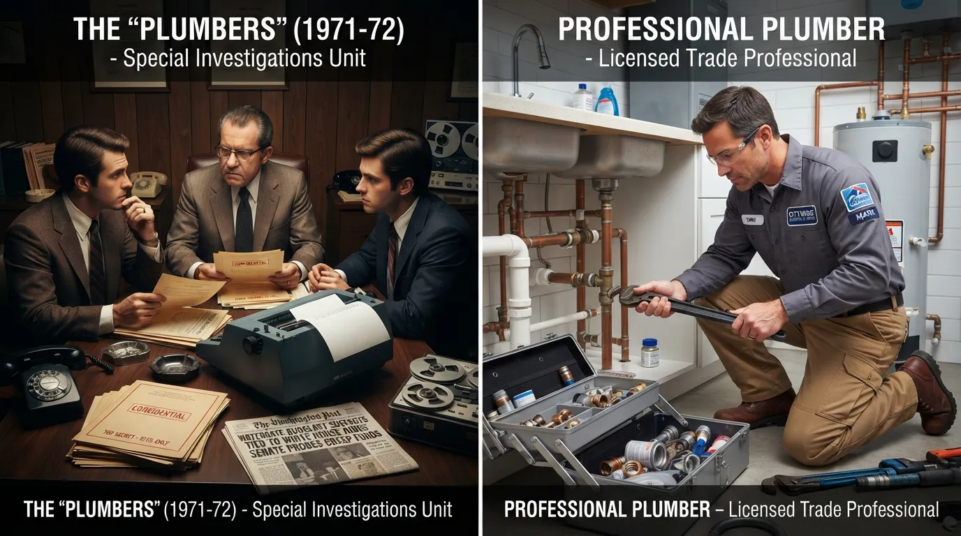 Historical photo comparison showing the White House Plumbers covert unit alongside real plumbing tools to illustrate the difference between the political operatives and actual trade plumbers.
