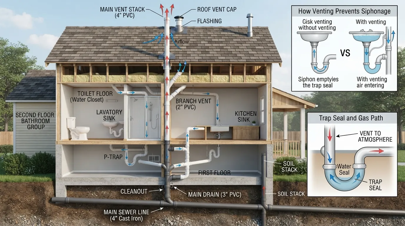 Cross-section diagram of a residential plumbing system showing how roof vent pipes regulate air pressure and safely release sewer gases out of the house.