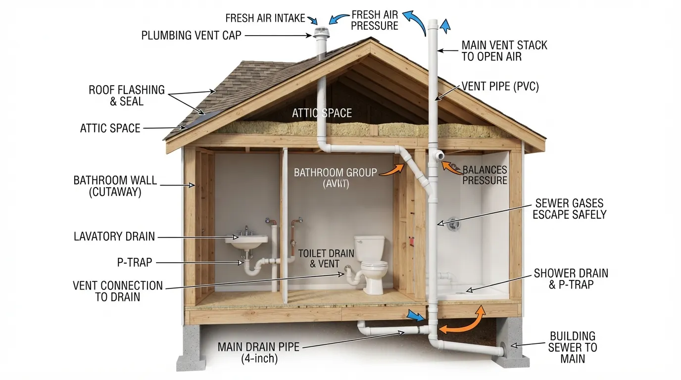 Cross-section diagram illustrating a plumbing vent pipe extending through a house roof, showing how it connects to drain lines and allows air circulation.