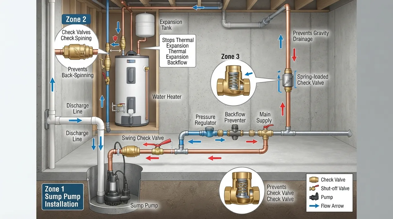 Plumbing diagram showing the correct installation locations for a check valve in a home water system, including near the pump and water heater.
