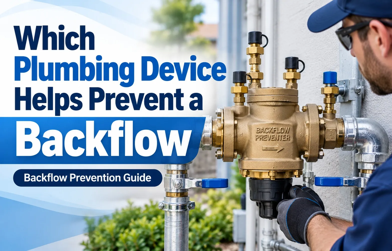 Professional plumber inspecting a brass backflow preventer valve connected to water supply pipes to prevent contaminated water from flowing backward