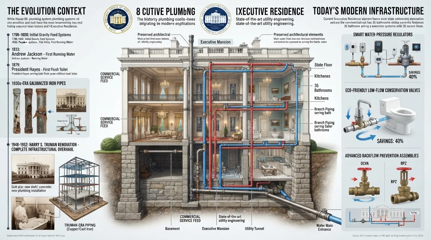 A detailed cutaway graphic contrasting historic 19th-century White House plumbing systems with modern, high-efficiency smart plumbing infrastructure.