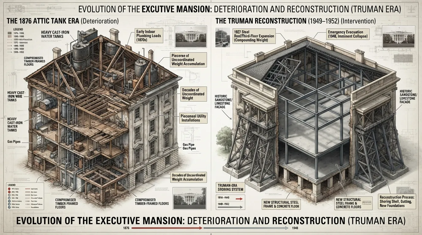 Historical cutaway and architectural comparison showing the structural evolution of the White House from the 1876 attic water tank modifications to the complete interior gutting and steel-frame rebuilding during the Truman Reconstruction.