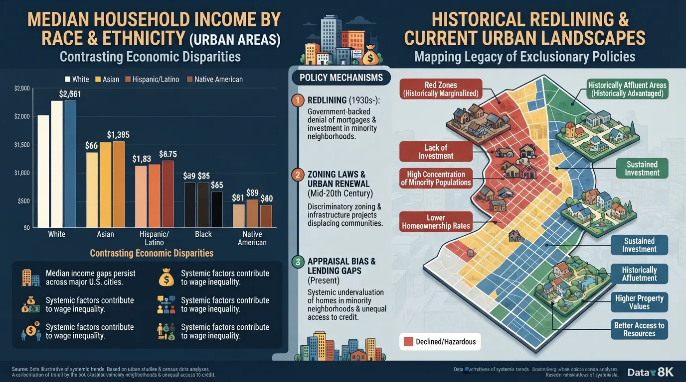 A demographic and socioeconomic data visualization showing racial disparities in housing access, median income gaps, and urban neighborhoods affected by historical housing policy exclusions.