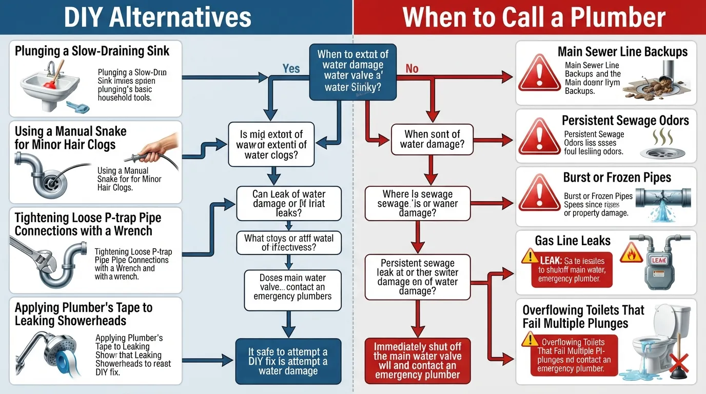 Infographic flowchart comparing DIY plumbing troubleshooting steps against warning signs that require hiring a professional licensed plumber.