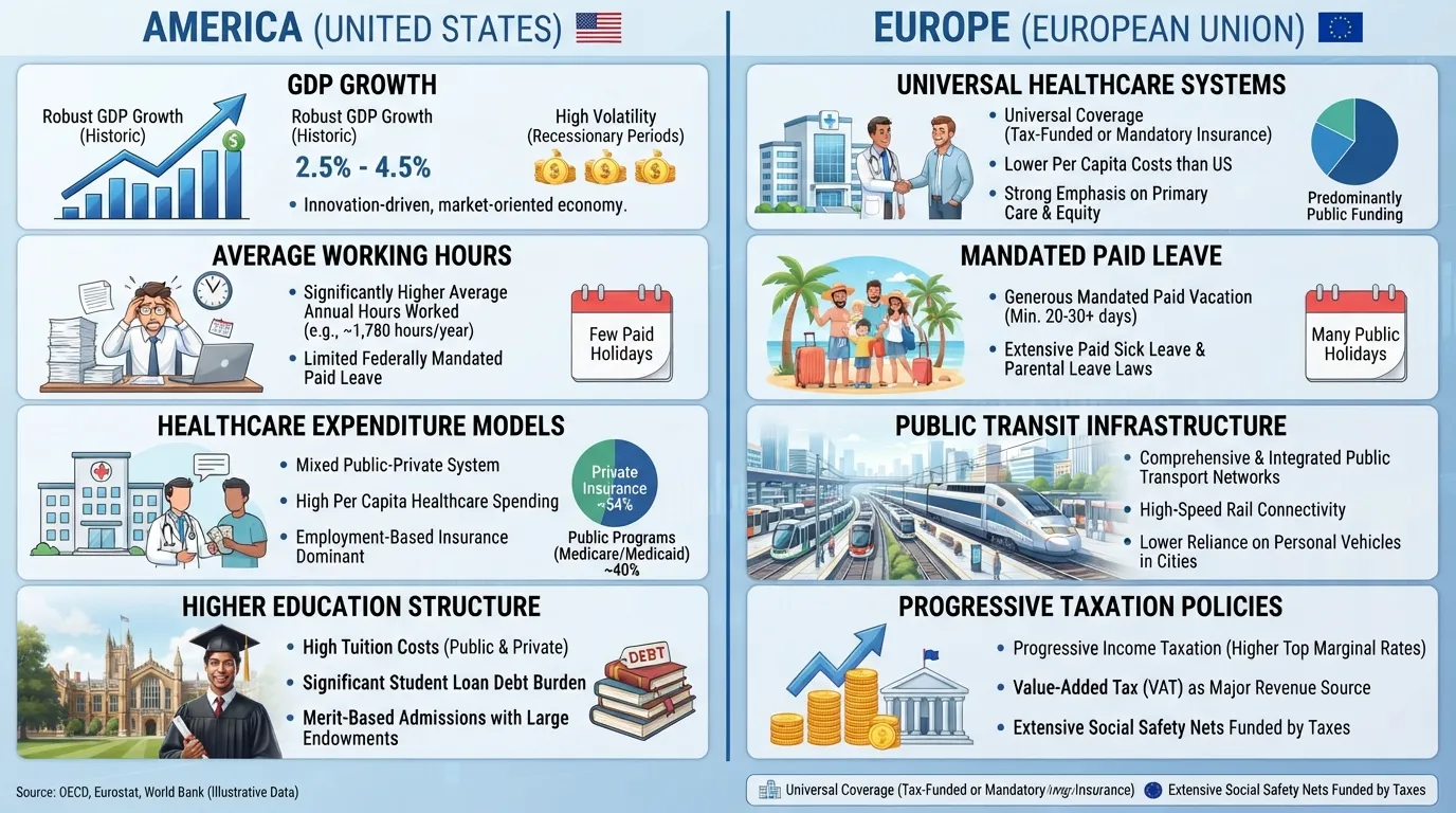 Comparative infographic illustrating key differences between America and Europe across economic, social, and infrastructural metrics.