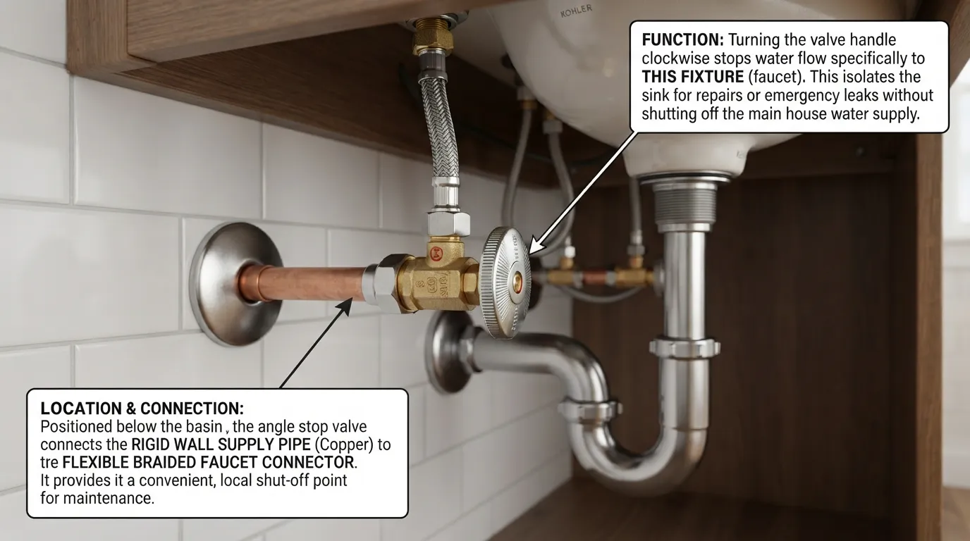 A close-up photograph of a chrome angle stop valve installed on a water supply line under a bathroom sink, with arrows pointing to the handle and water pipe connection.