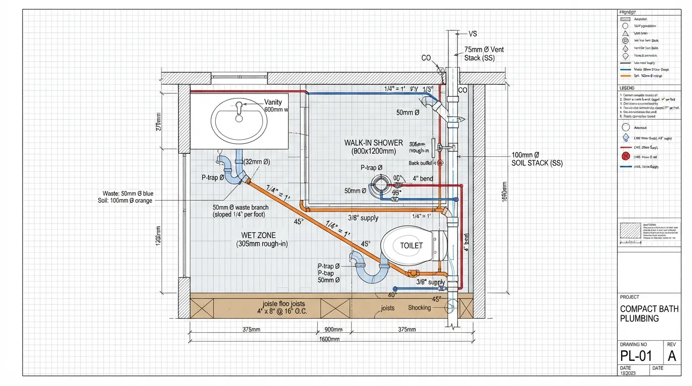 A detailed bathroom plumbing layout diagram showing the proper configuration and connection lines for a toilet, shower, and sink grouped together.