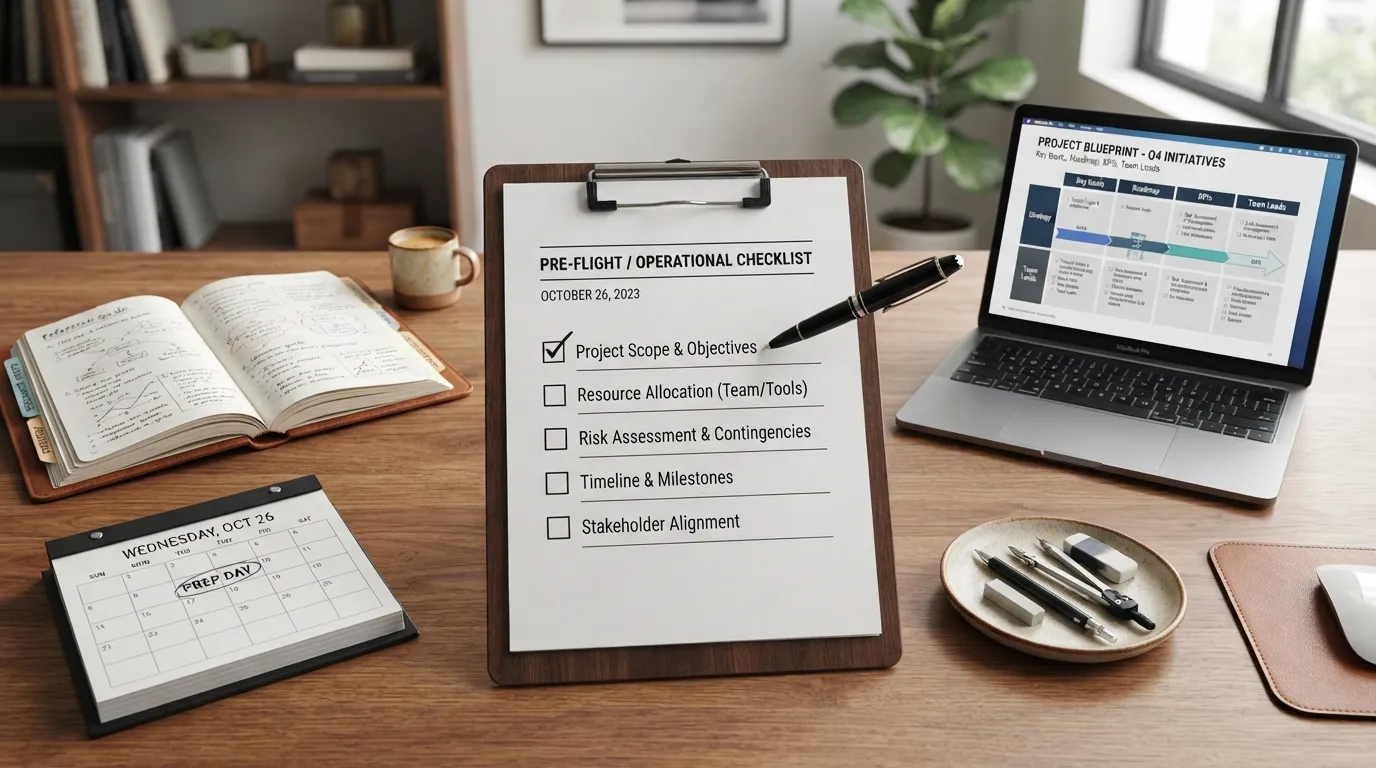 A flat lay photo of a clipboard with a checklist labeled Before You Start, surrounded by essential planning tools including a laptop, a pen, a coffee cup, and a sticky note on a wooden desk.