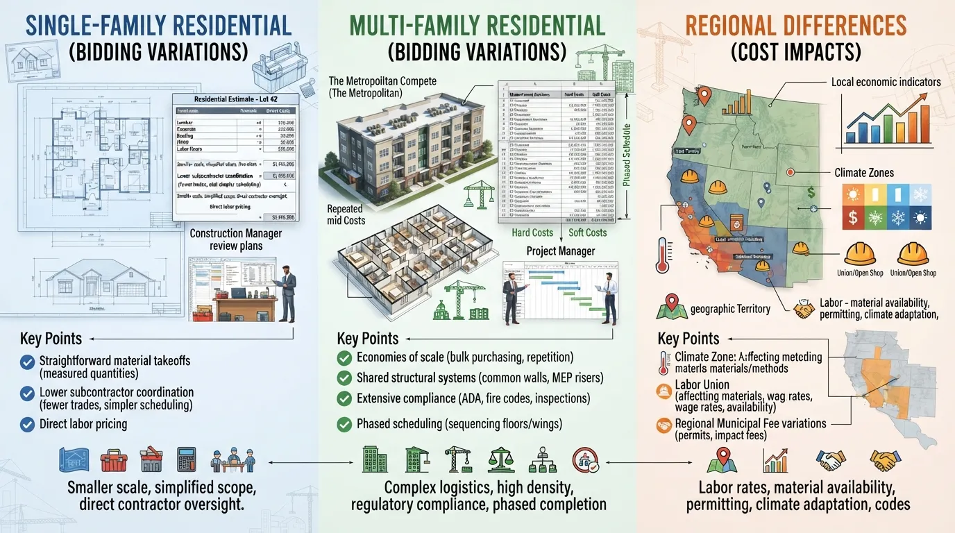 A side-by-side construction comparison showing a residential single-family home blueprint, a multi-family apartment building, and a regional map highlighting different local bidding factors.