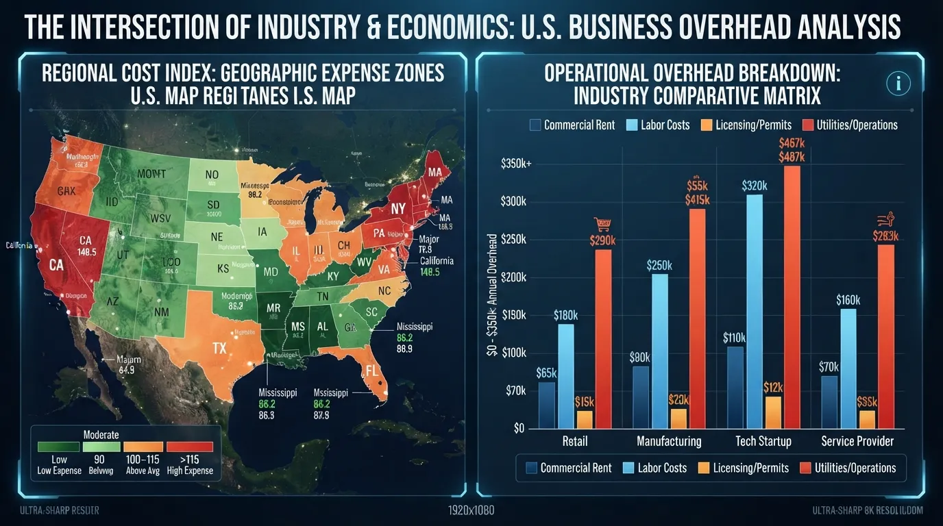 Infographic chart comparing startup and operational expenses across different business types and U.S. states.