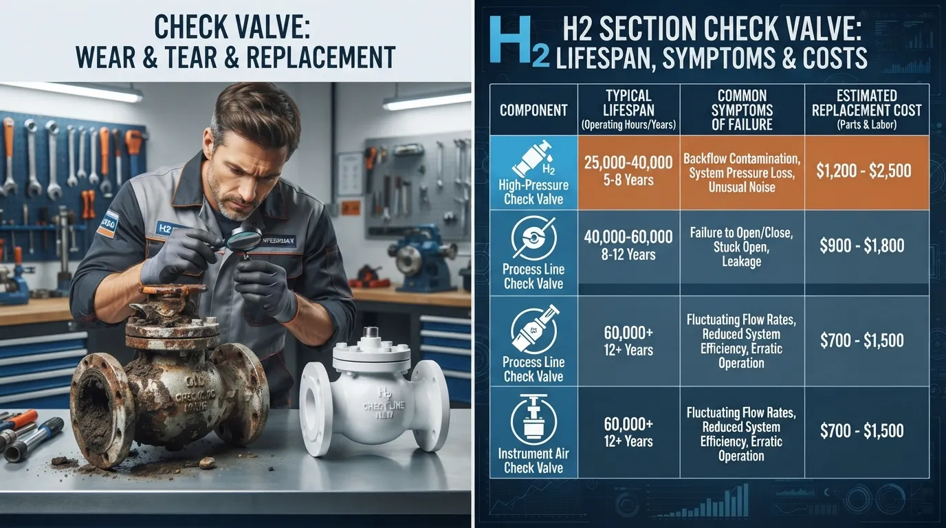 Mechanic inspecting a worn check valve next to a replacement cost breakdown and lifespan chart for an automotive or plumbing system.