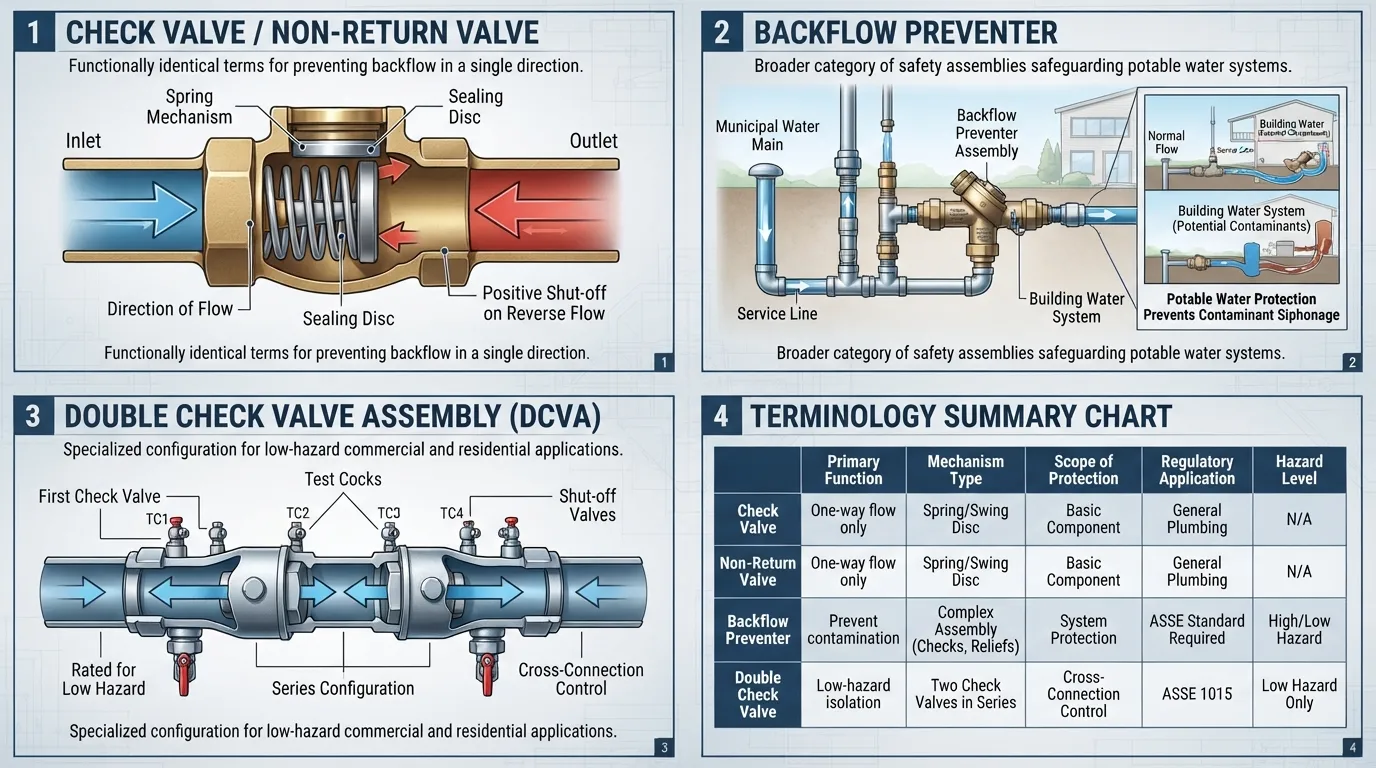 Side-by-side technical diagram comparing the internal mechanisms, designs, and hierarchy of a check valve, a general backflow preventer assembly, a double check valve, and a non-return valve.