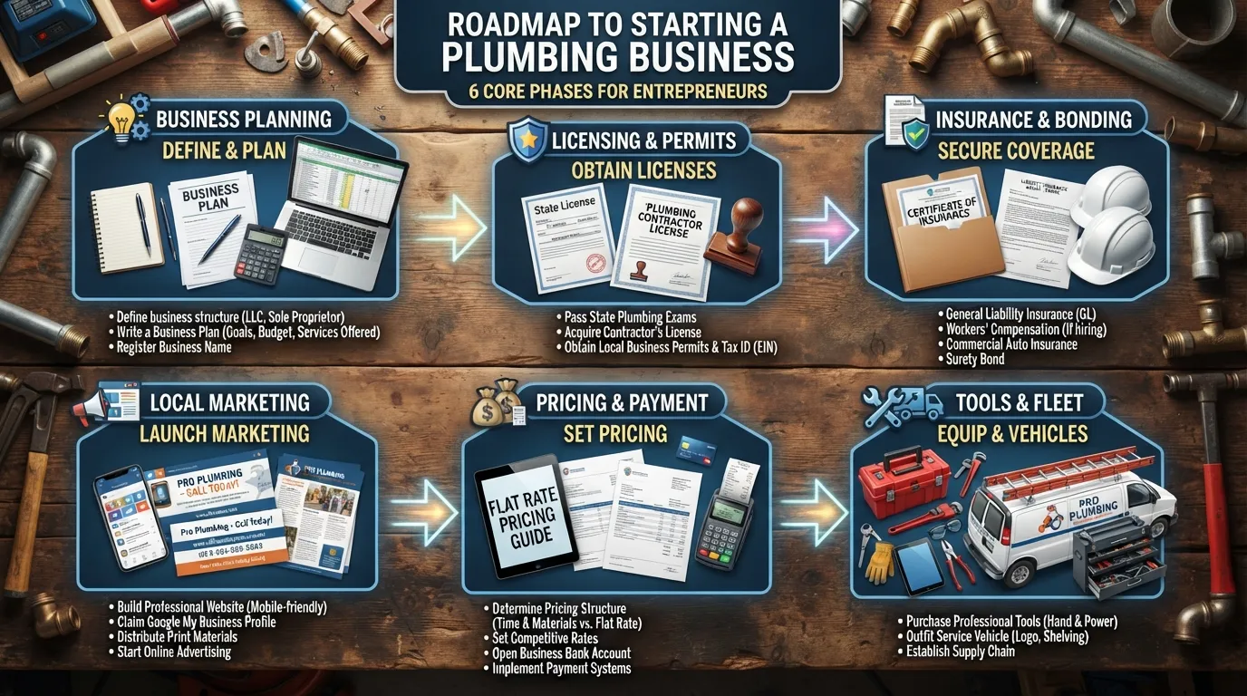 Comprehensive checklist and step-by-step roadmap displayed on a desk for launching a successful plumbing business.