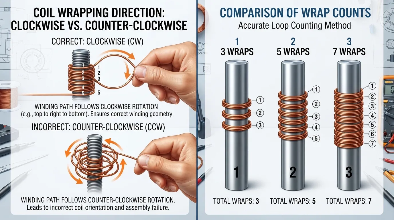 A close-up diagram comparing clockwise versus counter-clockwise coil wrapping directions and showing how to count the correct number of wraps.