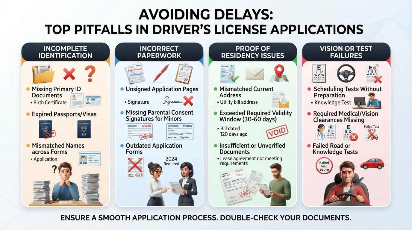 An infographic listing common mistakes that delay a driver's license application, such as missing identification documents, incorrect paperwork, and unverified residency proofs.