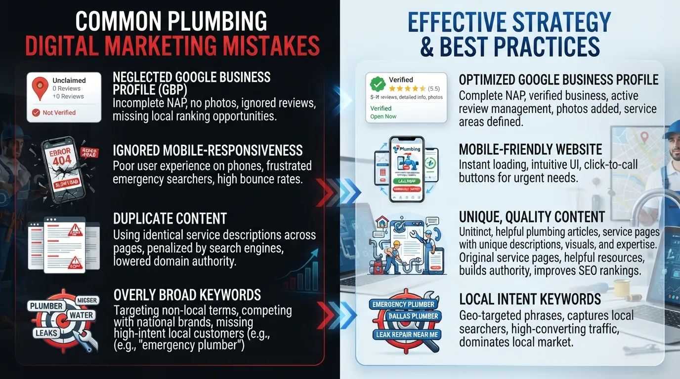 Infographic illustrating common plumbing SEO mistakes and safety guidelines for digital marketing in 2026, featuring icons for keyword optimization, local map listings, and website security.