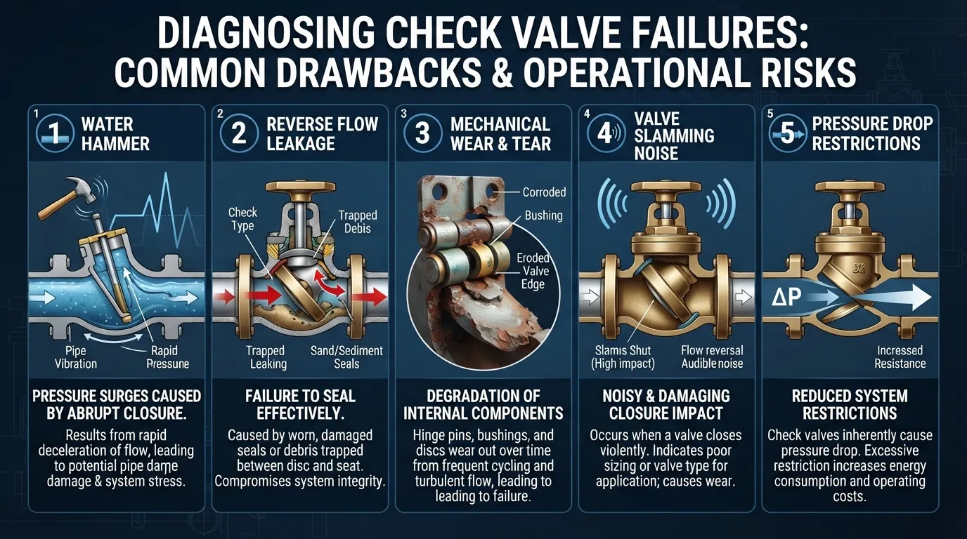 Infographic illustrating common problems and disadvantages of check valves such as water hammer, reverse flow leakage, and valve slamming.