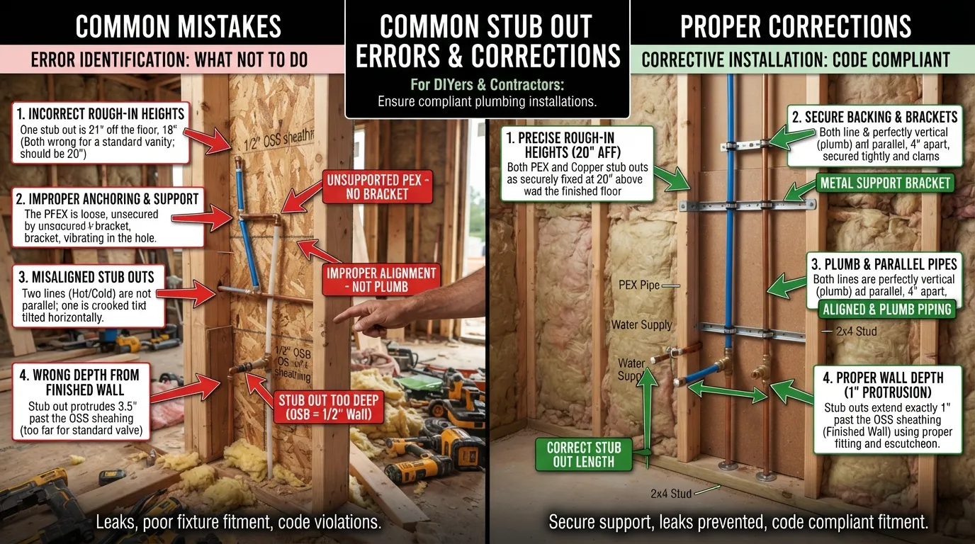A side-by-side comparison showing incorrect gas pipe stub out installation with a red warning cross and the corrected installation with a green checkmark, illustrating proper framing and measurement.