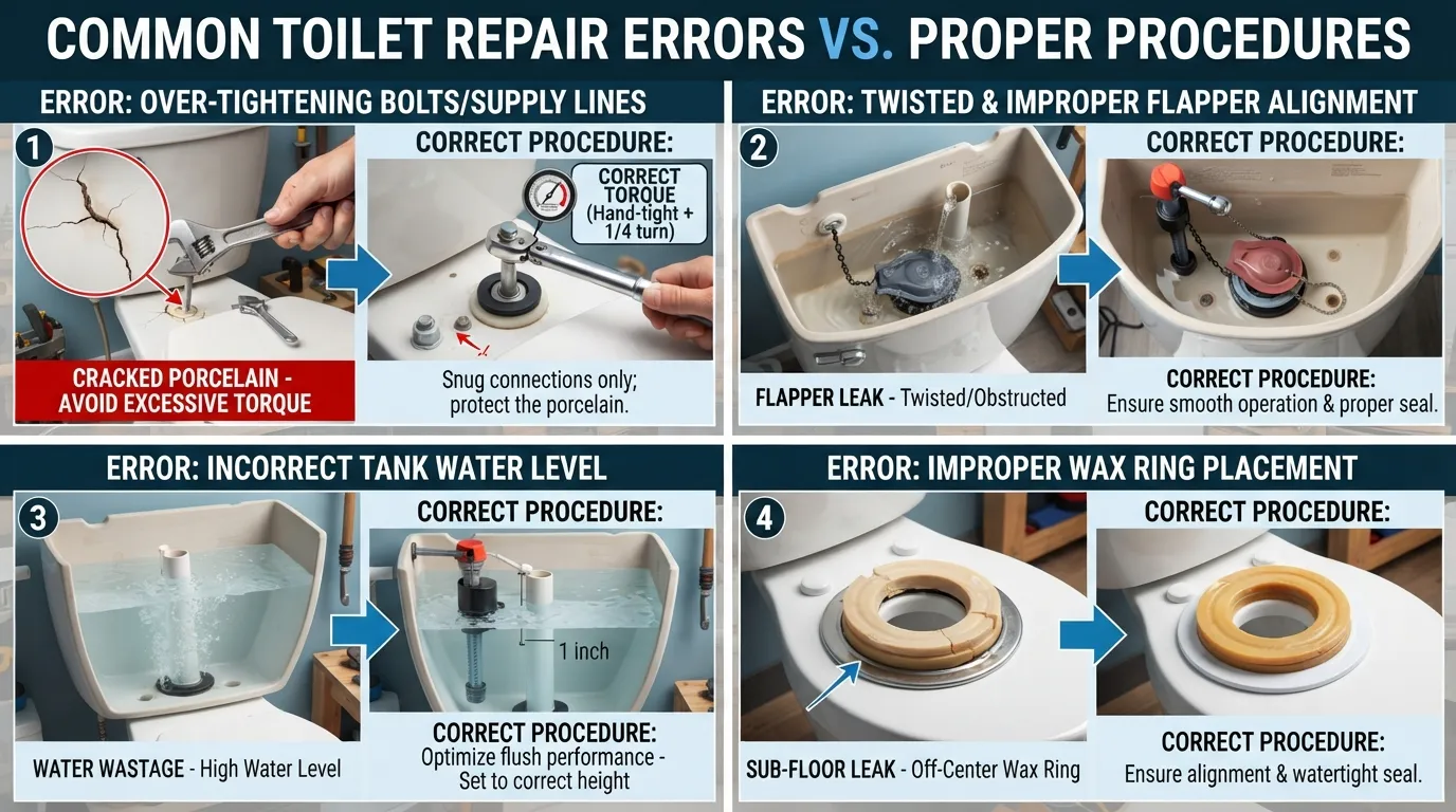Infographic illustrating common toilet plumbing mistakes, such as incorrect flapper installation, excessive wrench force, and wrong water level settings, alongside their respective fixes.