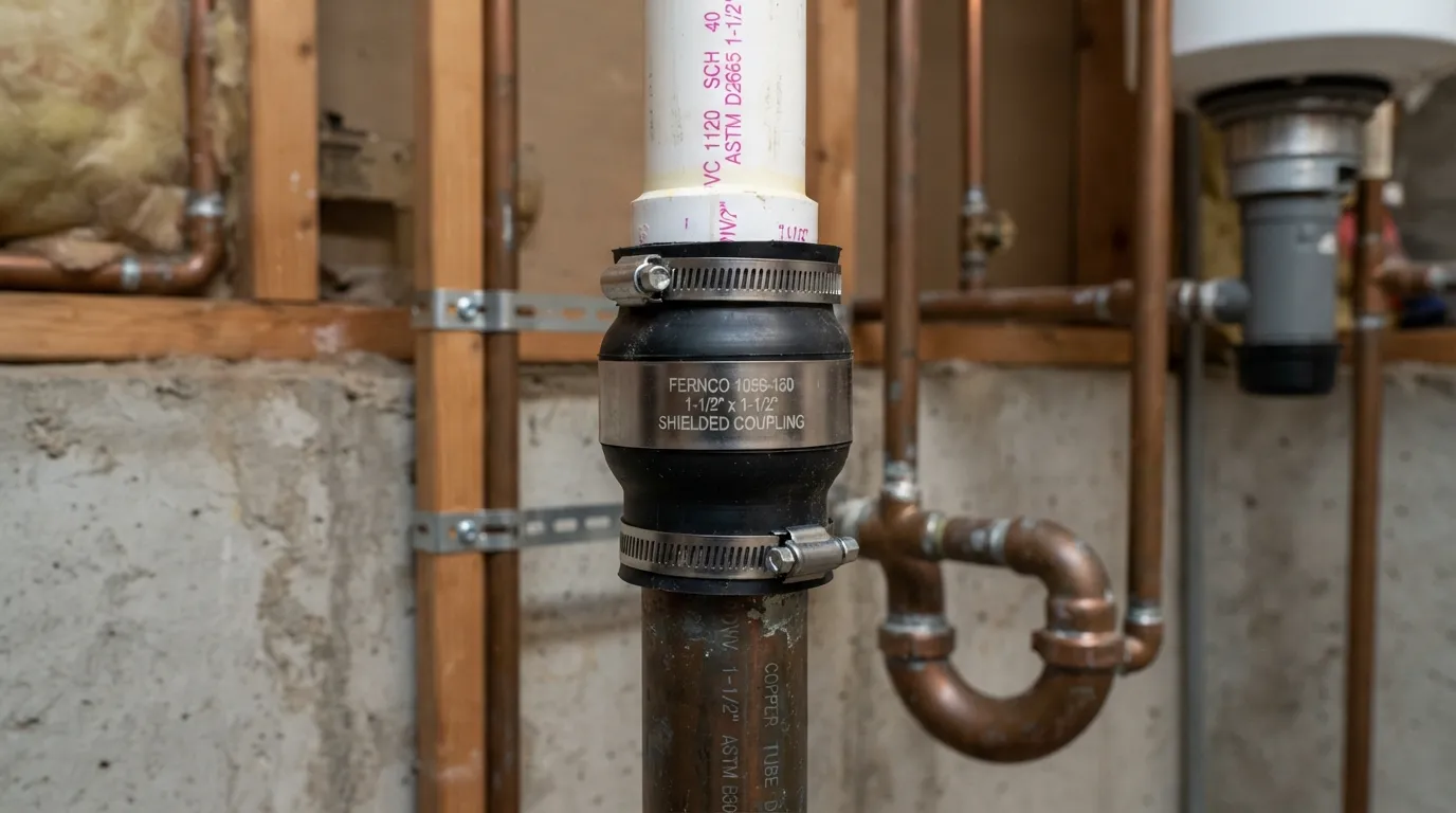 Close-up plumbing installation showing a shielded transition coupling securely joining a white PVC drain pipe to an existing copper DWV pipe.