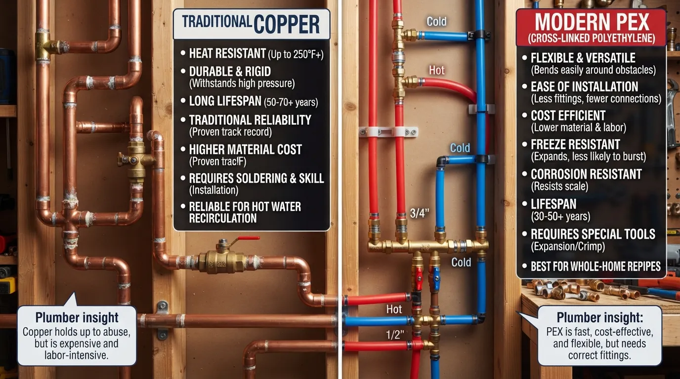 Side-by-side comparison of a rigid copper pipe and a flexible PEX pipe held by a plumber to show the main differences in material and installation.