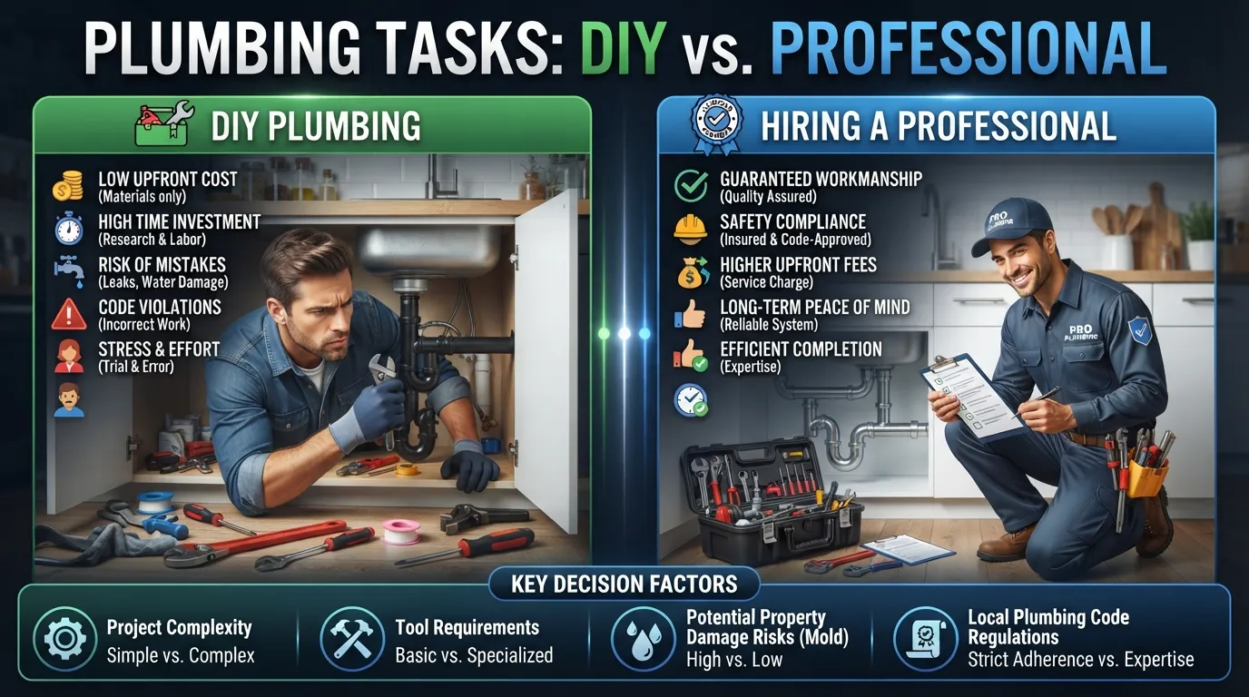 Comparison infographic showing a homeowner doing DIY plumbing vs a professional plumber, highlighting cost and safety factors for plumbing repairs.