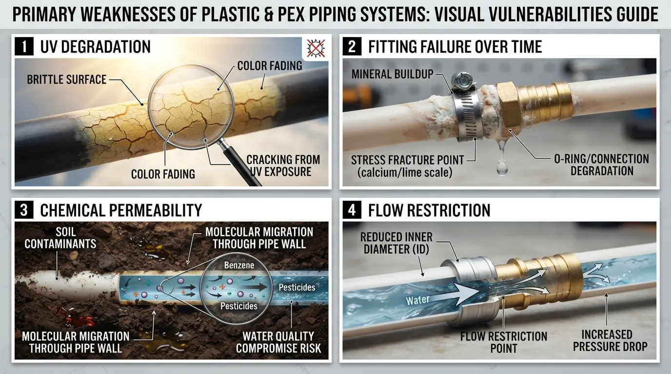 Cross-section comparison showing common downsides of PEX and plastic pipes, including UV damage, fitting degradation, and chemical leaching risks in a plumbing system.