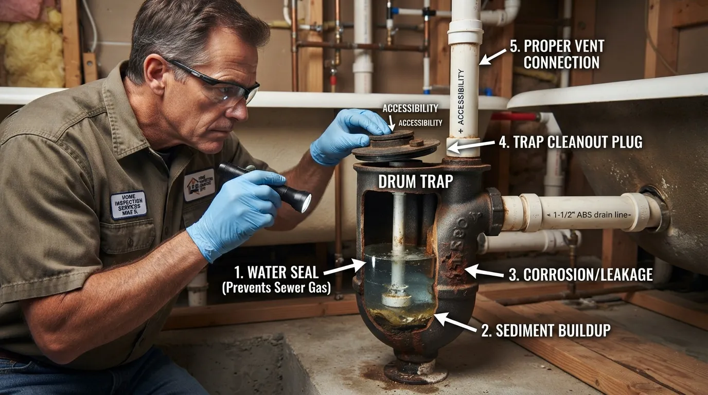 Home inspector examining a plumbing drum trap in a basement, highlighting potential drainage issues and property inspection checks.
