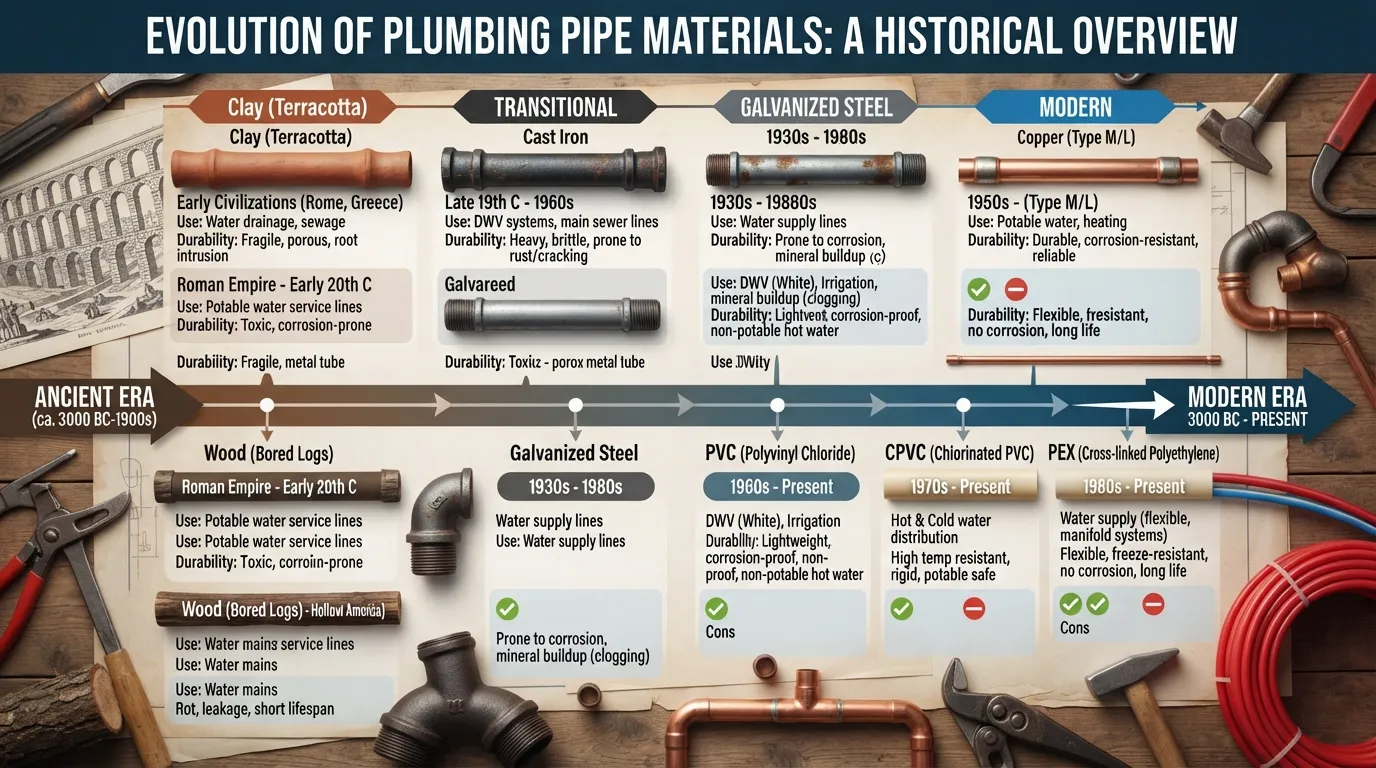 Historical evolution of plumbing pipes showcasing different materials used over time, from ancient lead and clay to modern copper and PEX pipes.