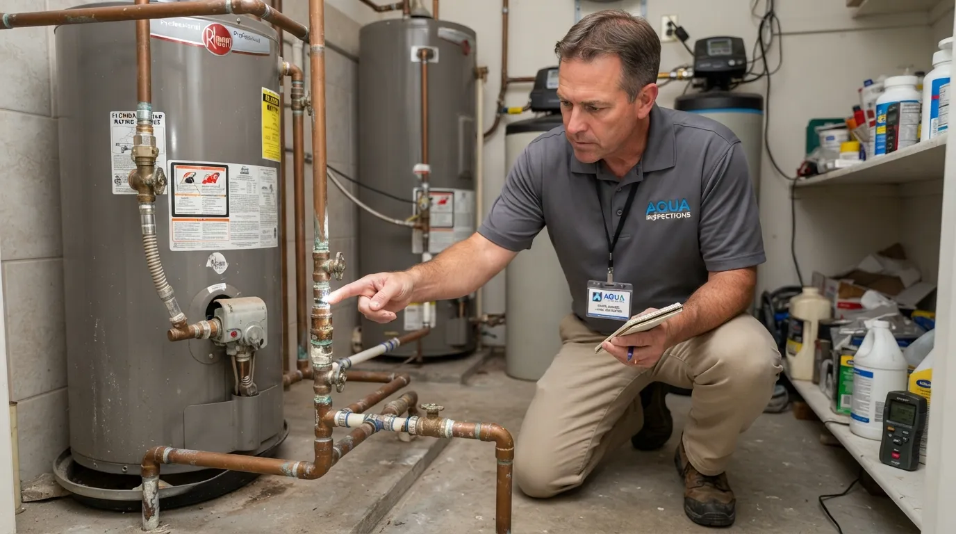 A home inspector carefully examining residential plumbing and water heater pipes during a Florida insurance home inspection.