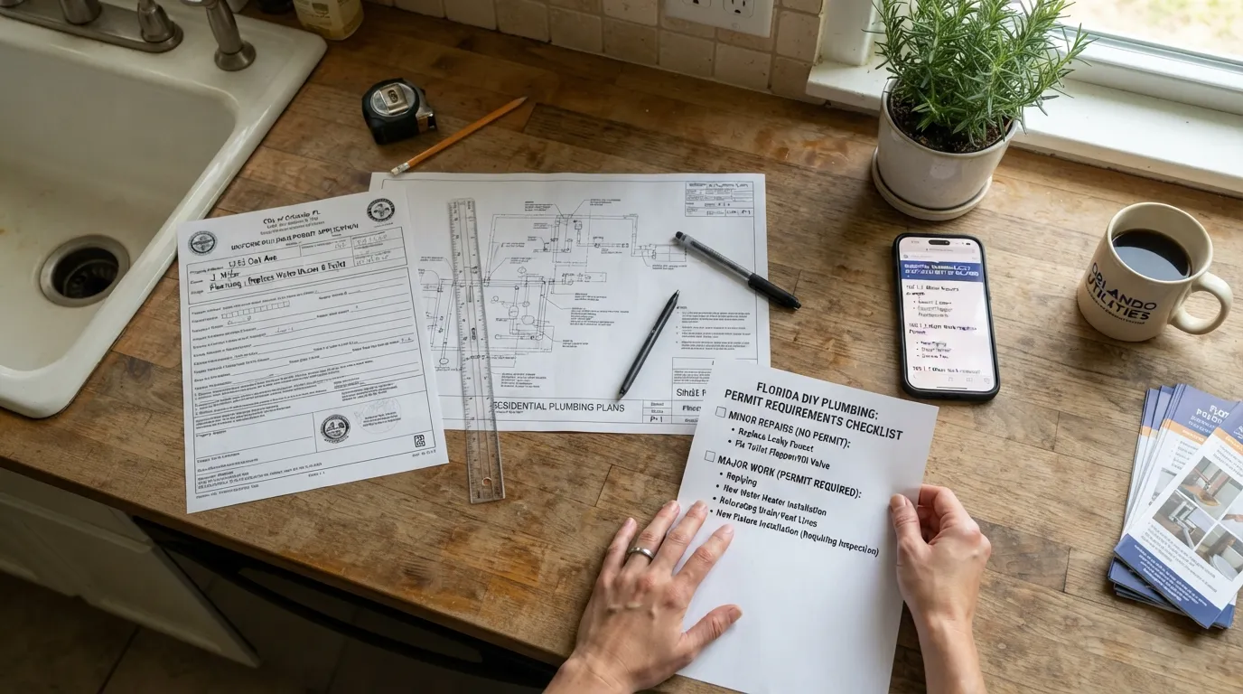 A homeowner reviewing local Florida building codes and a plumbing permit document at a kitchen island, illustrating DIY plumbing regulations.