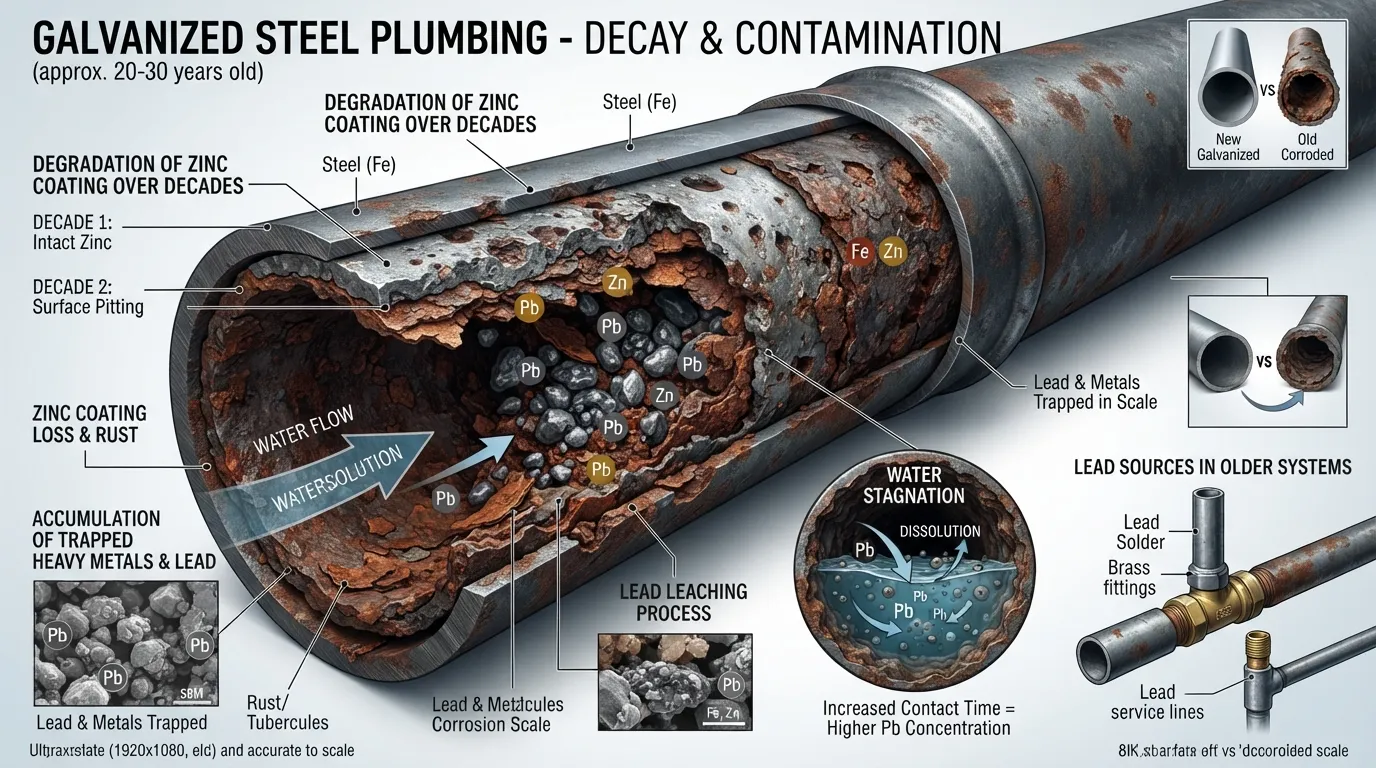 Cross-section comparison of a galvanized steel pipe showing internal corrosion buildup alongside a representation of lead leaching risks in household drinking water.