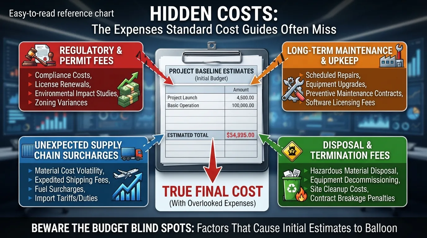 Infographic breaking down hidden fees, unexpected expenses, and omitted line items that standard cost guides typically skip.