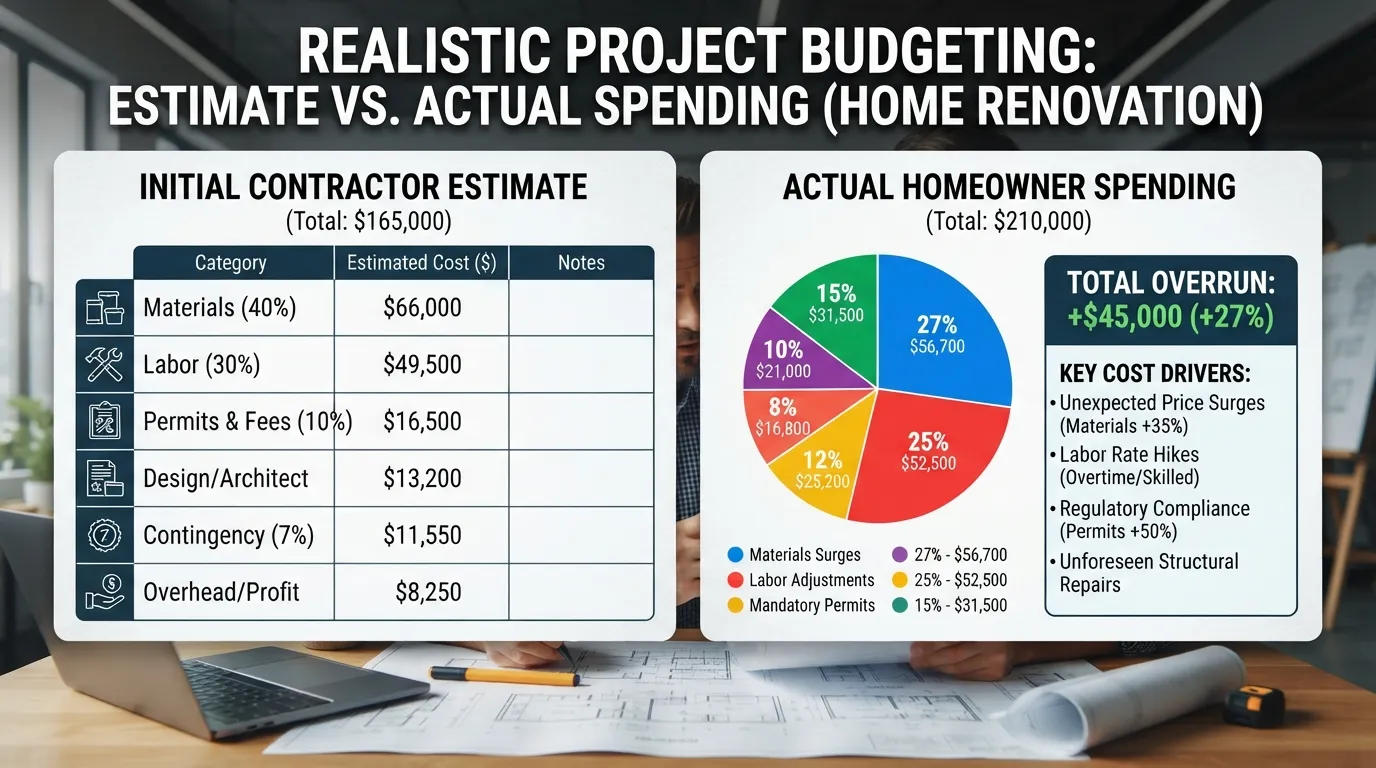 A detailed cost breakdown chart comparing estimated budgets with actual total expenses paid by homeowners for a home improvement project.