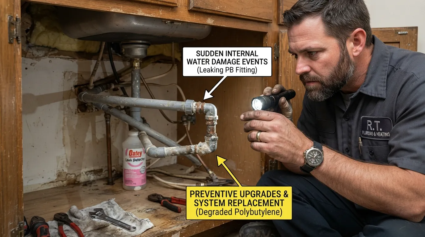 A plumber inspecting gray polybutylene plastic plumbing pipes in a home, illustrating whether standard homeowners insurance covers pipe replacement.