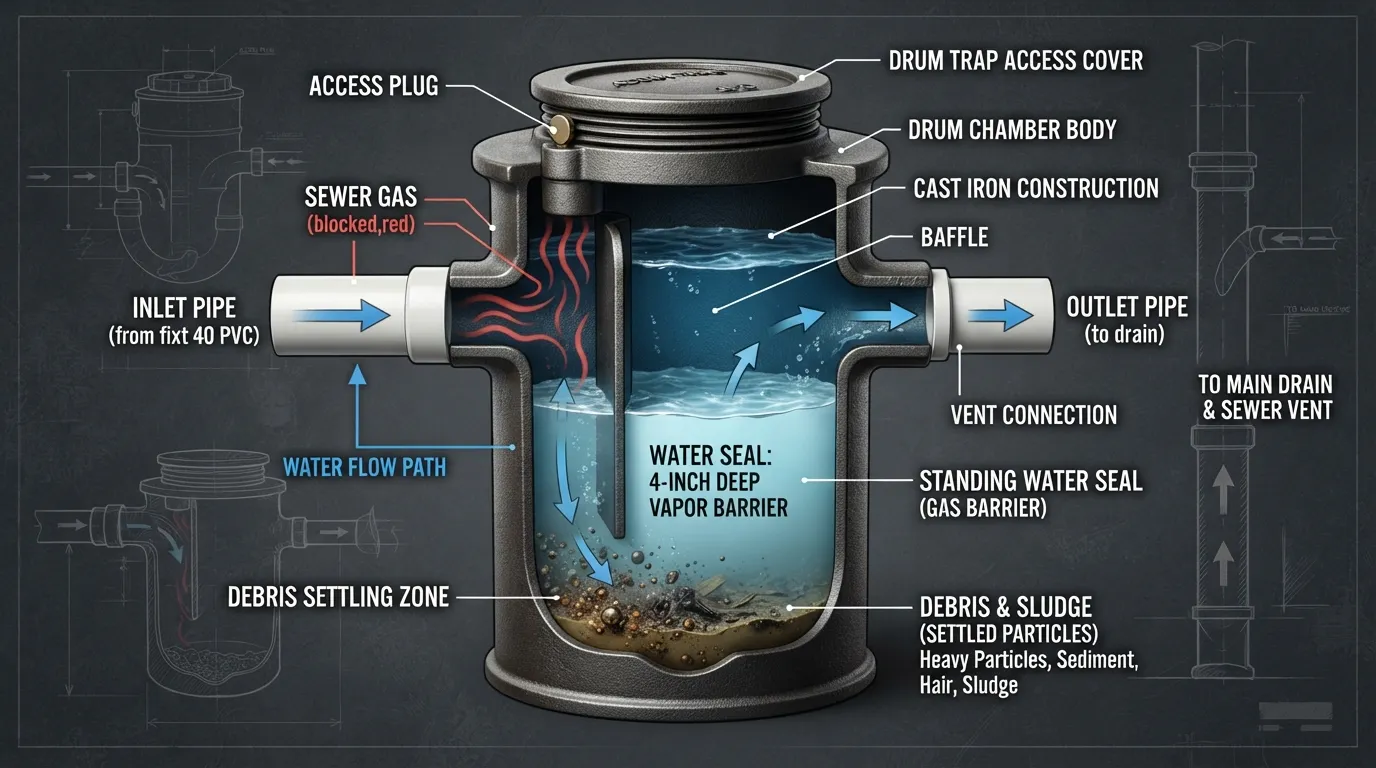 Cross-section plumbing diagram showing how a cylindrical drum trap works, with water flowing through inlet and outlet pipes while retaining a water seal and trapping debris at the bottom.