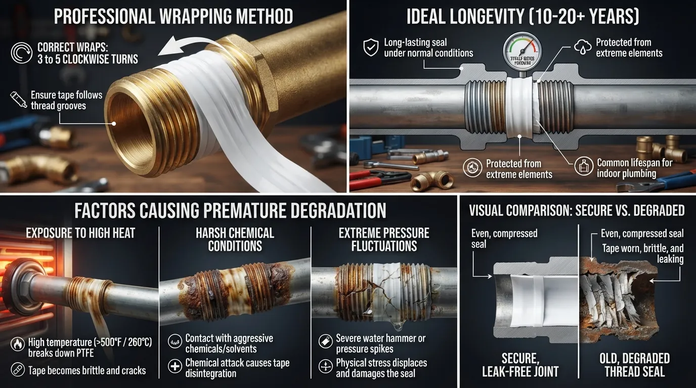 A close-up view of a threaded plumbing fitting wrapped with white Teflon tape, illustrating the durability and longevity of thread seal tape in pipe connections.